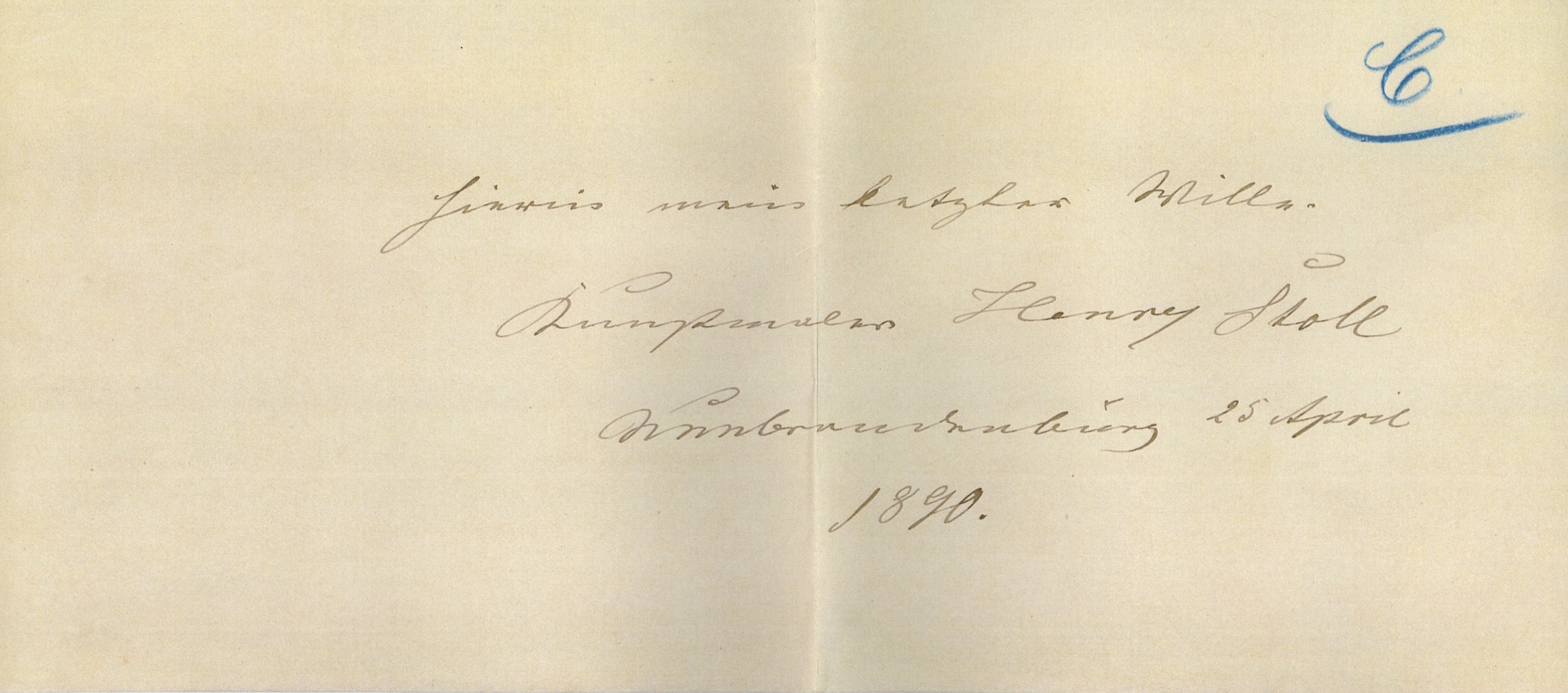 Couvert der Testamentsurkunde von Henry Stoll, 25.4.1890. Amtsgericht Neubrandenburg, So, 1888, 294, C.